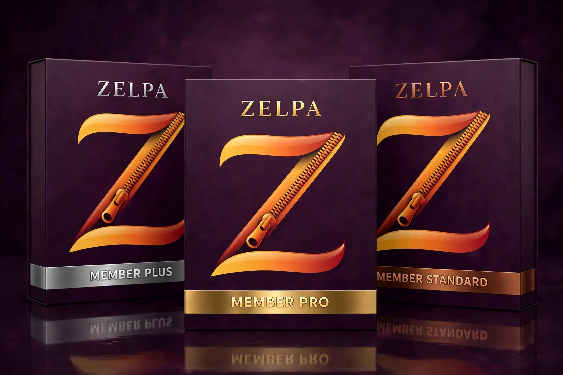 Zelpa Member plan boxes: Pro in gold at the front, Plus in silver, Standard in bronze