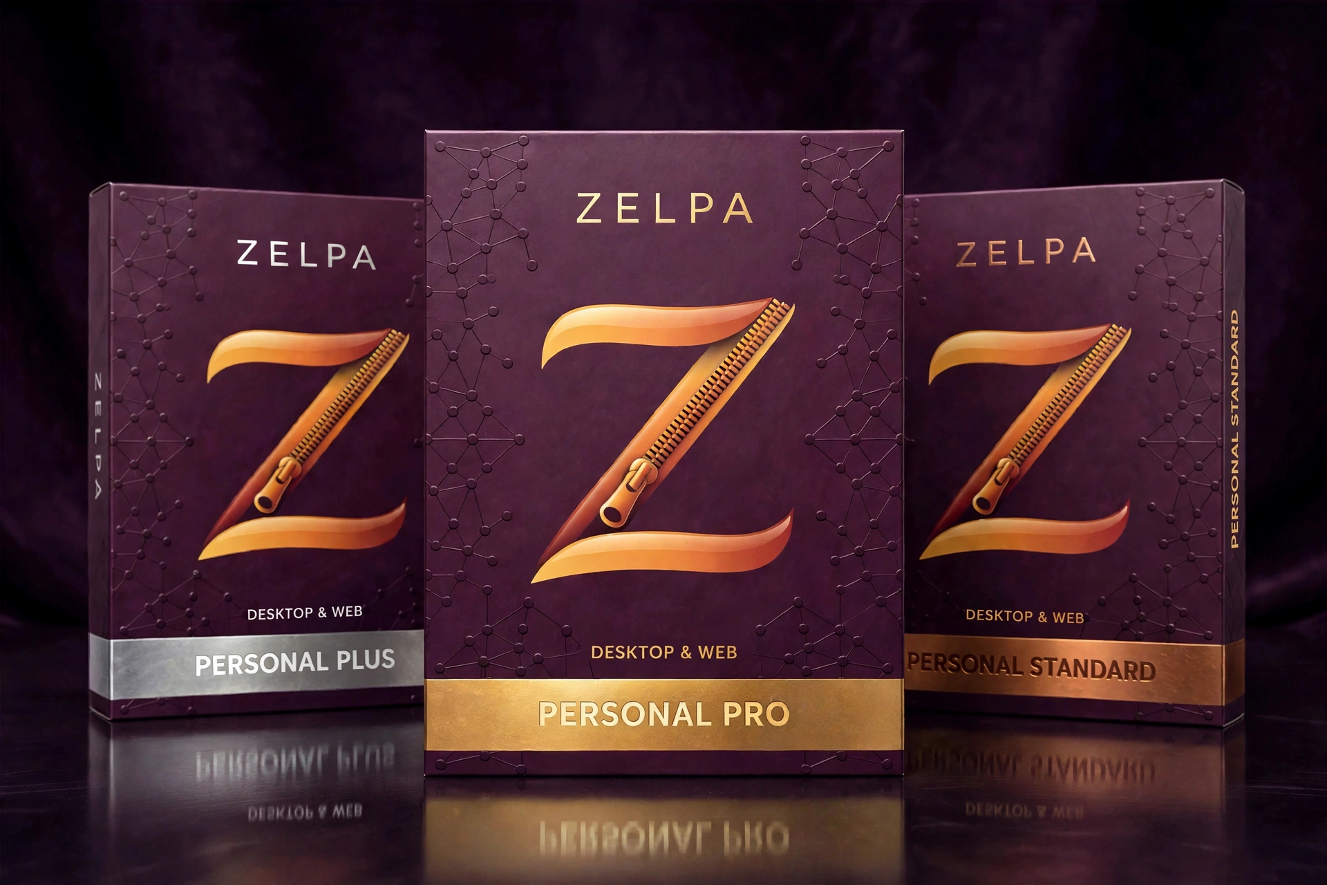 Zelpa Personal plan boxes: Pro in gold at the front, Plus in silver, Standard in bronze